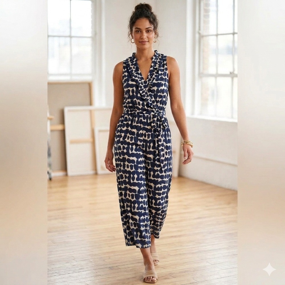 Beachgold Blue Abstract Print Ruffle V-Neck Wide‎ Leg Jumpsuit Small Boho Resort